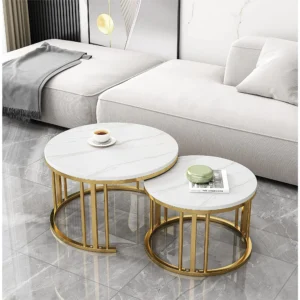 Round Nesting Coffee Table Set of 2 Modern Cocktail Table with Metal Frame for Living Room Small Spaces White and Gold(Desktop Size 28"+20")