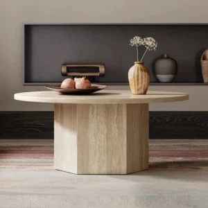 Round Coffee Table For Living Room - Modern Minimalist Luxury Style With Stone-like Texture & Hexagonal Base,
